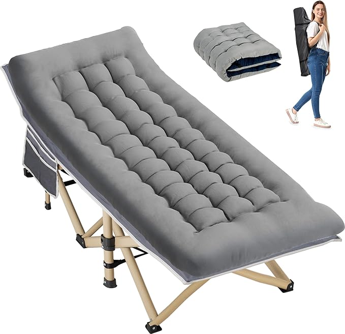 Folding Camping Cot for Sleeping, Portable Cots for Adults, Heavy Duty Cot Bed 550LBS(Max Load), Extra Wider Cots with Large Pocket for Outdoor, Office, Beach