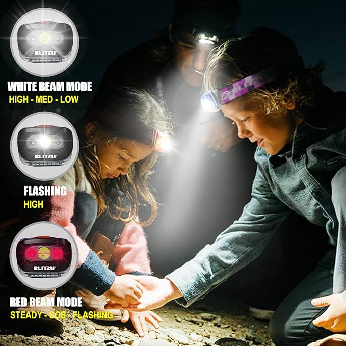 BLITZU LED Headlamp Flashlight for Adults & Kids, Lightweight, Waterproof Head Lamp with White & Red Light, Comfortable Headband, Perfect for Running, Camping, Hiking, 3 AAA Batteries Included, Black