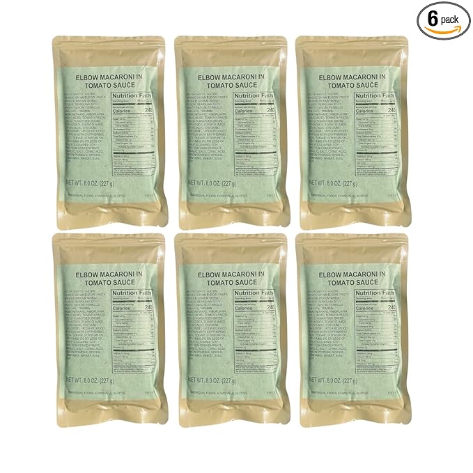 MRE (Meal-Ready-to-Eat) | Single Serving Entree | Emergency Meals | Survival Food | Fresh Dates | Long Shelf Life | Made in USA (6-Pack, Elbow Macaroni in Tomato Sauce)