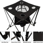 OVENTE Collapsible Folding Camping Table with Insulated Cooler, 4 Cup Holders, Food Basket and Travel Bag, Portable Tailgating Table for Fishing, Outdoor Barbecue or Beach Parties, Black POTC0014B