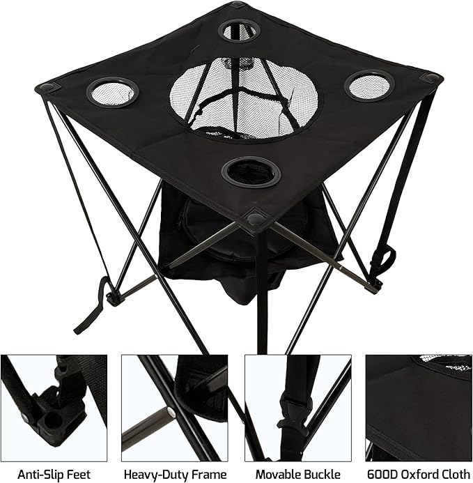 OVENTE Collapsible Folding Camping Table with Insulated Cooler, 4 Cup Holders, Food Basket and Travel Bag, Portable Tailgating Table for Fishing, Outdoor Barbecue or Beach Parties, Black POTC0014B