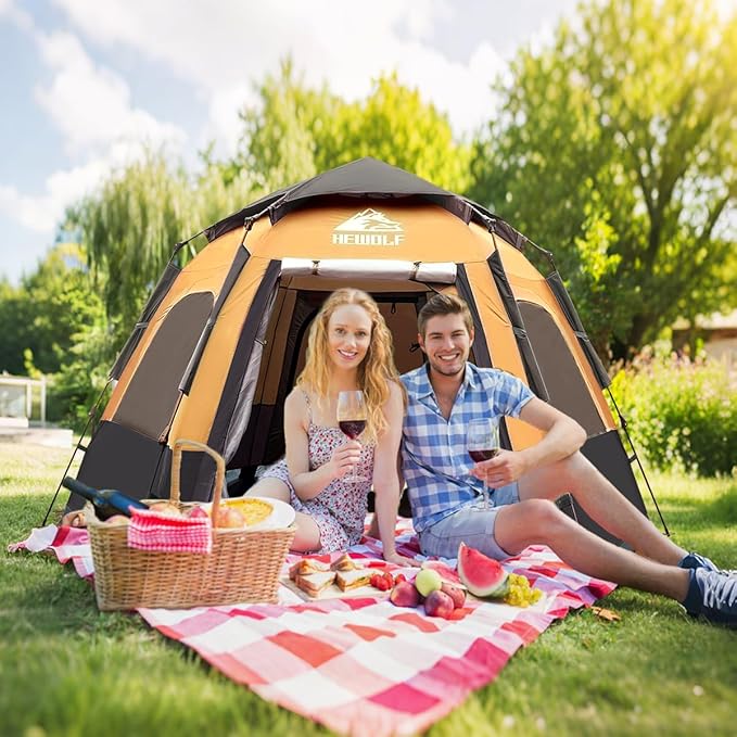Hewolf 2/3/4 Person Camping Tent - Instant Pop Up Waterproof 2 Doors Tent with Easy Setup | 3-Season Hexagonal Dome Design for Family, Hiking & Traveling
