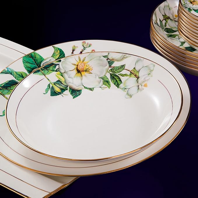 Bowl and Plate Sets White Ceramic Porcelain Decals Tableware Set Include Dinner Plate Dessert Plate Suitable for Family Hotel Restaurant
