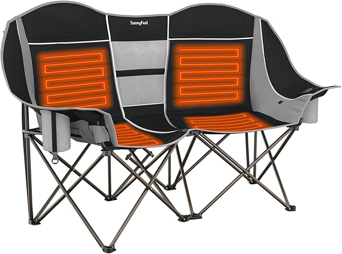 SUNNYFEEL Heated Double Camping Chair Oversized Folding Loveseat Chair for 2 Adults Heavy Duty Camping Couch 600 lbs with Cup Holders & Storage for Camping, Beach, Lawn, Patio RV & Indoor Use