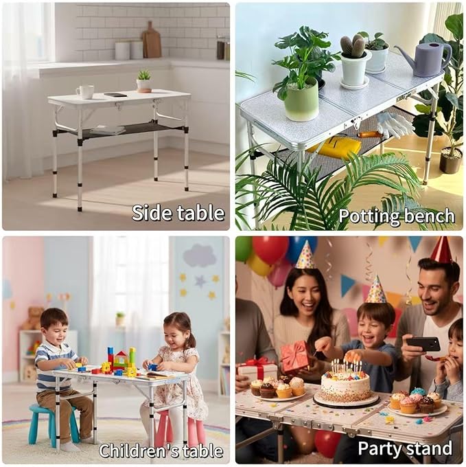 Folding Camping Table 3ft Portable Pinic Table Adjustable Height Small Card Table Aluminum Foldable Lightweight with Carry Handle for Outdoor Indoor Hiking Camp BBQ Beach