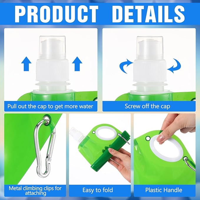 LemonRoad 22OZ Collapsible Water Bottles Bulk Foldable Water Bottles with Carabiner Reusable Drinking Bags Leak Proof Container Bag for Sports Biking Hiking Camping Outdoor Travel Emergency (24pcs)