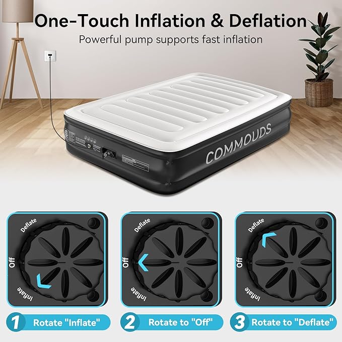 COMMOUDS Queen Air Mattress with Built-in Pump, 18" Raised Blow up Mattress, Comfort Inflatable Mattress with Waterproof Flocked Top, Portable Airbed for Guests, Camping, Home & Travel Use, 660lbs Max