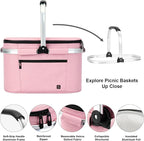ALLCAMP Picnic Basket - Insulated Cooler, Thickening Foldable Picnic Basket with Removable Baskets & Sewn-in Frame, Basket for House Warming Gifts New Home(Pink)