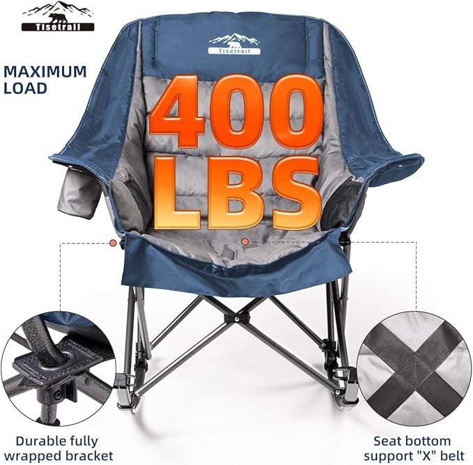 Oversized Rocking Camping Chair, Fully Padded Camp Chairs for Adults with Side Pocket and Cup Holder, Heavy-Duty 400lbs Capacity, Blue & Gray