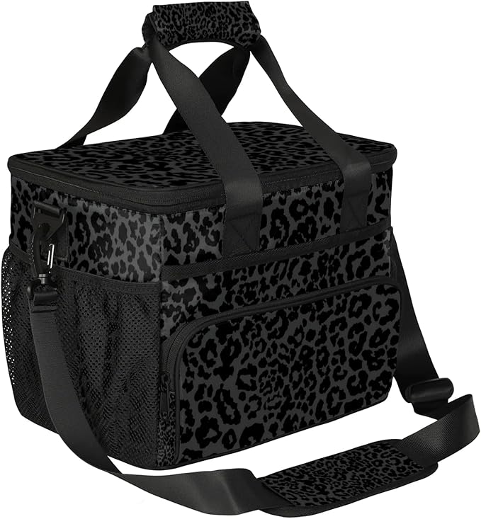 Soft Cooler Bag Black Leopard Print Insulated Lunch Box for Men & Women, Large Leakproof Lunch Bag Portable Beach Cooler for Work, Picnic, Road Trips,Fishing, Travel, Camping