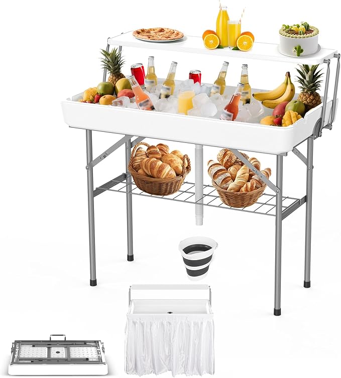 HLPB 4 FT Party Ice Cooler Folding Table with Folding Board, Outdoor ice Table with Skirt & Drain & Folded Buckets & Barbed Wire, Portable Foldable Bar Table for Party, BBQ, Camping, Picnic, White