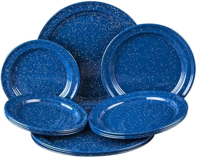 Cinsa 23 Piece. Enameled Dinnerware Camping/Outdoor Set for 4. Includes Plates, Bowls, Mugs, Coffee Boiler.