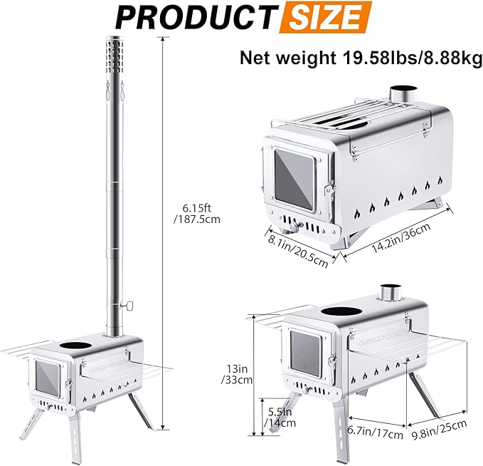 CHANGE MOORE Hot Tent Stove, Secondary Burn Design - Improve Combustion Efficiency, Portable Wood Burning Tent Stove w/Chimney Pipe & Anti-scalding Cloth, for Outdoor Camping, Hunting, Ice Fishing