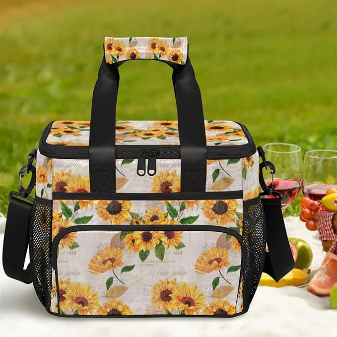 Soft Cooler Bag Vintage Sunflower Flower Insulated Lunch Box for Men & Women, Large Leakproof Lunch Bag Portable Beach Cooler for Work, Picnic, Road Trips,Fishing, Travel, Camping