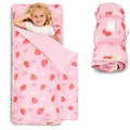 Toddler Nap Mat with Pillow and Minky Blanket, Large 55"x37" Sleeping Bag, Washable, Lightweight, Easy to Roll, Perfect for Preschool, Daycare, Kindergarten, Travel, Boys and Girl-Strawberry