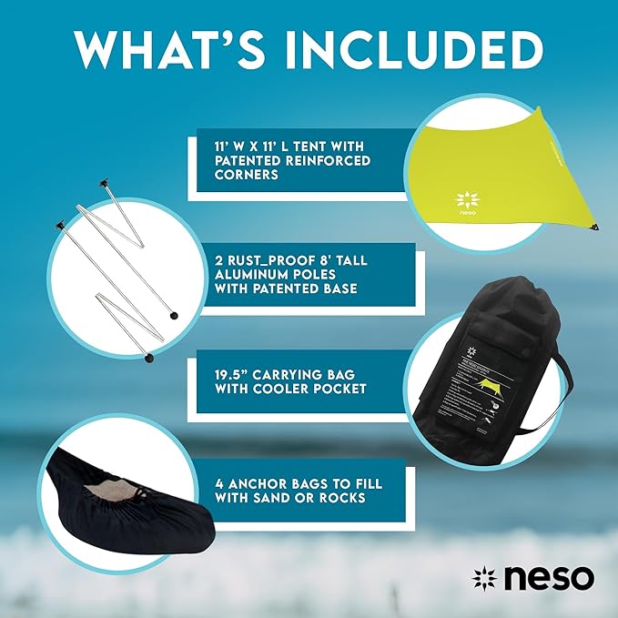Neso Gigante Portable Beach Tent Sun Shelter - Lightweight Beach Shade Canopy - Easy Setup for Family Outings - Patented Reinforced Corners - UPF 50+ Sun Protection - 8ft Tall, 11 x 11ft - Lemon