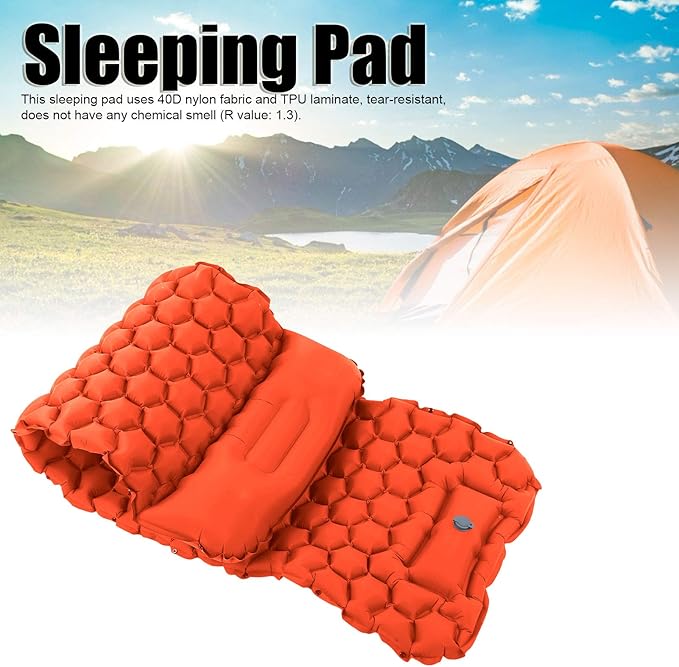 Camping Sleeping Pad Mat Foot Press Inflatable Cushion Mattress, Durably 40D Nylon TPU Laminate, Lightweight 700g, Compact Folding Size for Tent Hiking Travel (Orange)
