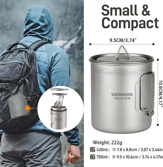 Titanium Mug Camping Pot Titanium Cup 420ml & 750ml Titanium Pot with Lid, Spork, Bag Lightweight Titanium Camping Pot for Backpacking Hiking Picnic and Traveling