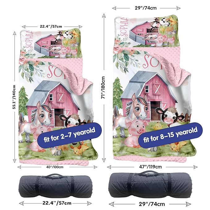 Custom Toddler Nap Mat for Preschool, Personalized Name Kids Sleeping Bag with Animal House Design for Daycare, Roll Up Sleeping Mat with Removable Pillow and Soft Dot Minky Blanke for Girls Camping