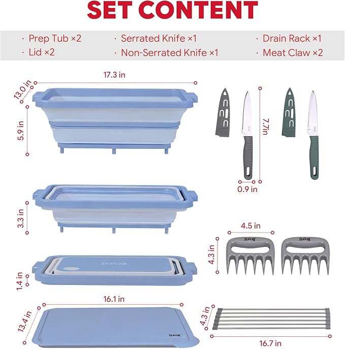 9-IN-1 Collapsible BBQ Prep Tub with Cutting Board, Portable Grill Prep Station with Side Brackets, Lids, Knives, Meat Claws and Drain Rack, Space-Saving for Kitchen, RV, Camping, Blue
