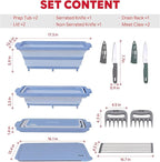 9-IN-1 Collapsible BBQ Prep Tub with Cutting Board, Portable Grill Prep Station with Side Brackets, Lids, Knives, Meat Claws and Drain Rack, Space-Saving for Kitchen, RV, Camping, Blue