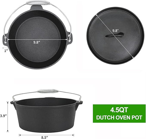 8 Piece Pre-Seasoned Dutch Oven Cooking Set Cast Iron Camping Kitchen Cookware Bakeware Skillets & Square Grill Pan w/Vintage Carrying Wood Box for Ourdoor Home BBQ Baking