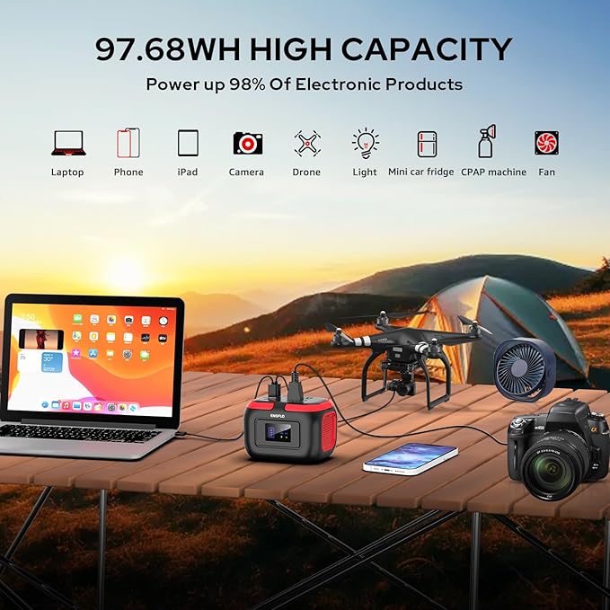 Portable Power Station, 97.68Wh Solar Generator, Lithium Battery Power with 110V AC 120W Peak Socket/DC/USB QC3.0/LED Light for Outdoor Camping Trip Home Backup Emergency