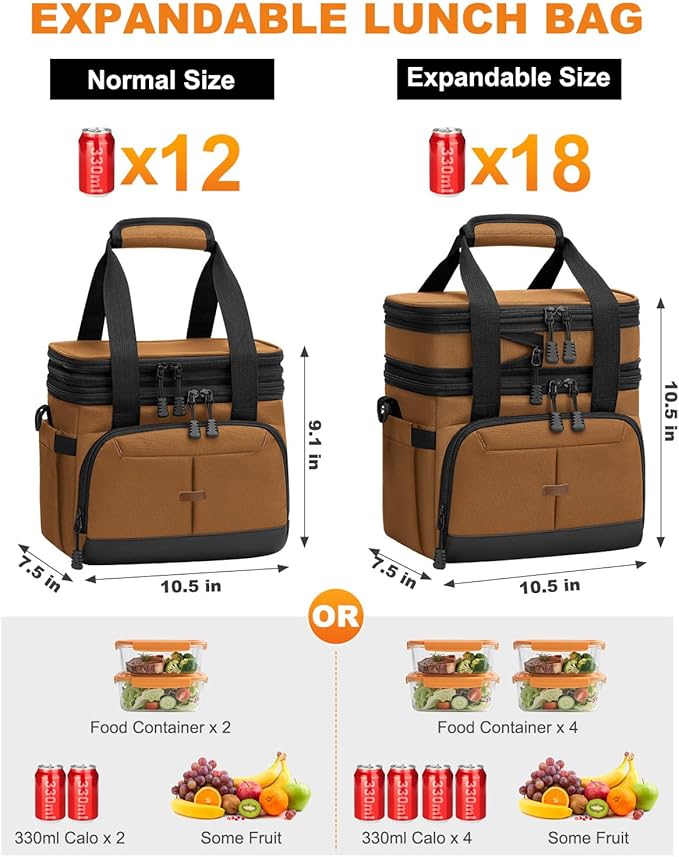 Lunch Box For Men Women Double Deck Insulated Lunch Bag For Men Woman Leakproof Expandable Cooler Bag with Adjustable Shoulder Strap for Work Shool Picnic(Brown,Medium)