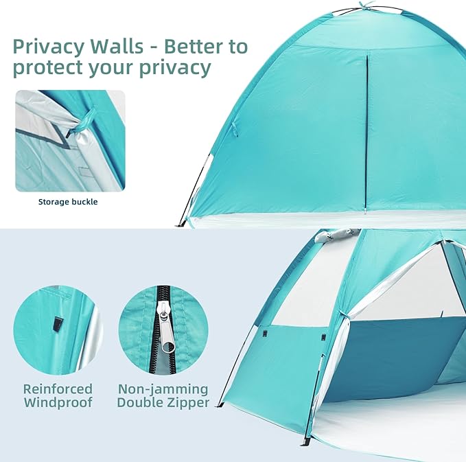 COVACURE 2026 New Upgraded Beach Tent Sun Shelter - UPF 50+ UV Protection Beach Shade for 3-4 Person, Waterproof & Lightweight, Easy Setup Portable Sun Canopy for Camping, Fishing, Beach (Green)