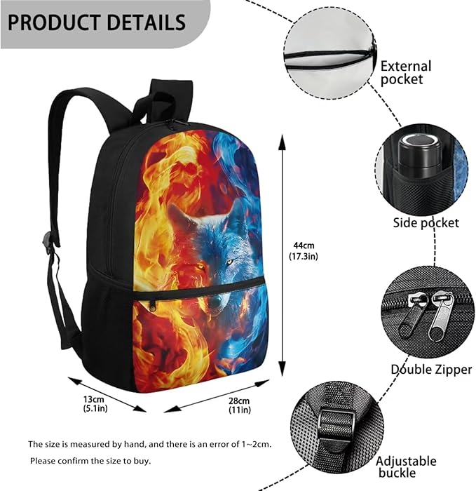 Fire and Wolf Pattern 3 PCS Backpack with Portable Lunch Box and Sturdy Pencil Case, School 3 Set Boys School Book Bag for Travelling Camping Picnic Activities