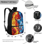 Fire and Wolf Pattern 3 PCS Backpack with Portable Lunch Box and Sturdy Pencil Case, School 3 Set Boys School Book Bag for Travelling Camping Picnic Activities