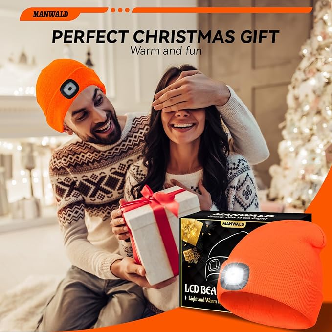LED Beanie Hat with Light, USB Rechargeable LED Headlamp, Birthday Gifts for Women Adults, Gifts for Men Dad Husband, Boyfriend, Orange