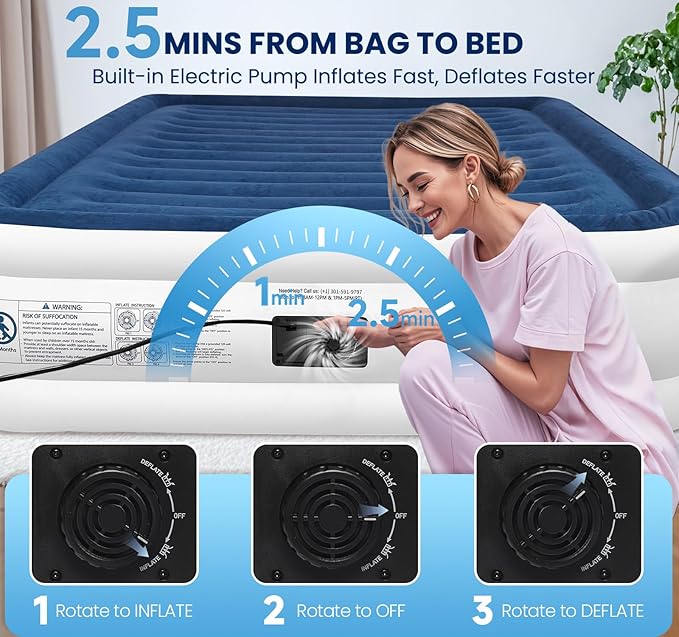 KINGJERRY Air Mattress Full with Built in Pump, 18" Raised Comfort Full Size Air Mattress, Dual-Layer Leakproof Blow Up Mattress, Support 600 lbs, 2.5-Min Inflation Air Bed for Home Camping Guests