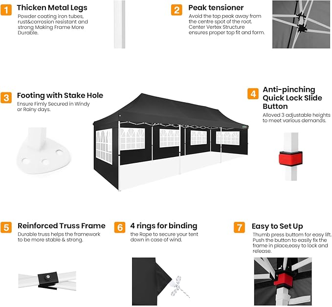 COBIZI 10x30 Pop up Canopy with Roller Bag & 8 Removable Sidewalls, Canopy Tent for Parties, Wedding, and Commercials, Waterproof and Instant Shelter UV50+ Outdoor Gazebo with 4 Sandbags(Black)