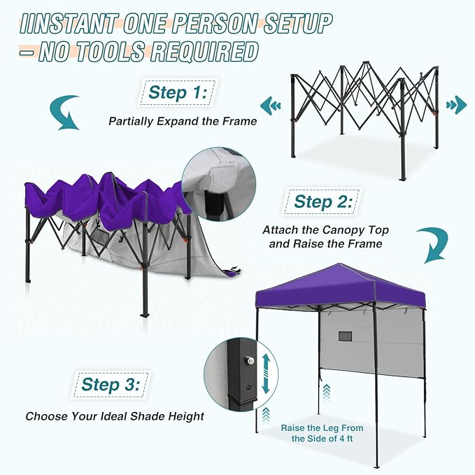 EAGLE PEAK 6x4 Instant Pop Up Canopy Tent with 1 Half Wall Panel, Straight Leg Sun Shelter, Portable Canopy with Carry Bag for Camping, Beach & Sports, Purple