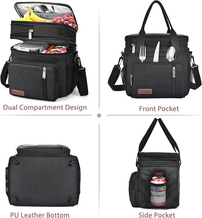 LOKASS Expandable Lunch Box for Women Men | Adult Lunchbag Cooler Tote Bag with Adjustable Shoulder Strap | Insulated Reusable Womens Lunch Bags for Work Camping Beach | 16L, Black