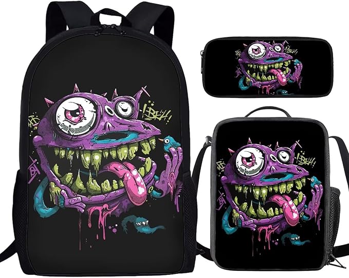 3 In 1 Funny Purple Monster Backpack for School Boys Lightweight Boys Bookbag Age 8-10 17 Inch Large Capacity Teens School Bag and Lunch Kit for Back to School Travel Hiking Rucksack