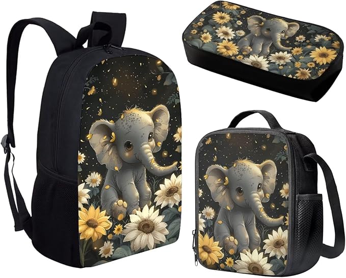 Lovely Elephant Sunflower School Backpack Set of 3, Kids Travel Bookbag Hiking Backpack Diaper Bag Insulated Lunch Bag Handbags Pencil Pouch Pen Bag for Purse Fountain Pens, Black Gray