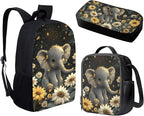Lovely Elephant Sunflower School Backpack Set of 3, Kids Travel Bookbag Hiking Backpack Diaper Bag Insulated Lunch Bag Handbags Pencil Pouch Pen Bag for Purse Fountain Pens, Black Gray