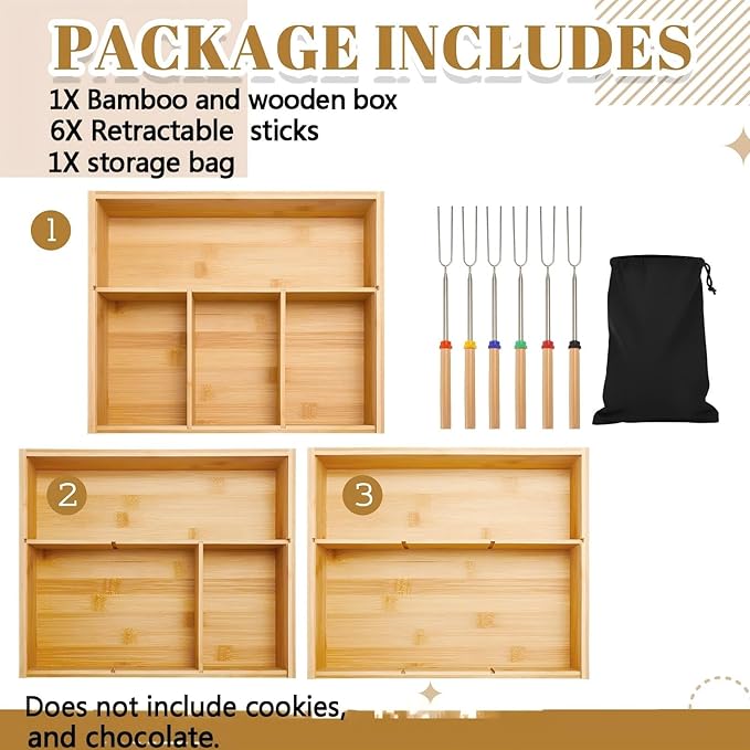 LemonRoad 13.4 x 11.2 x 3.5 Inch Smores Kits, Bamboo S'Mores Kit Box with Lid, 6 Extendable Roasting Sticks & Carry Bag, Portable Camping Cookware Set for Outdoor Picnic Backyard Party Family Fun