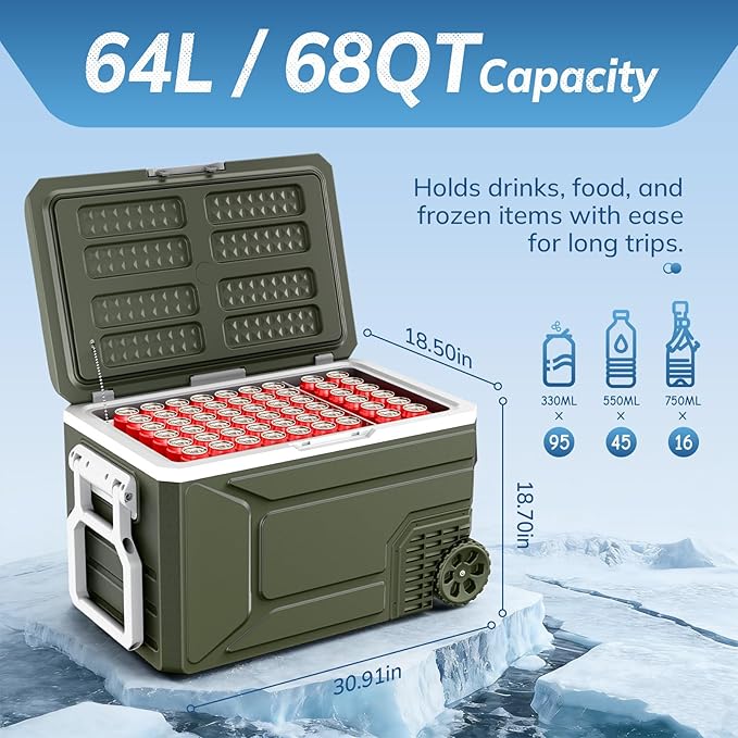 Antarctic Star 12 Volt Refrigerator,68QT(64L)Electric Cooler Compressor, -4℉~68℉ Portable Refrigerator,Car Fridge 12/24V DC 100-240V AC Portable Freezer with Wheels&2 Baskets for Camping,RV,Car,GREEN