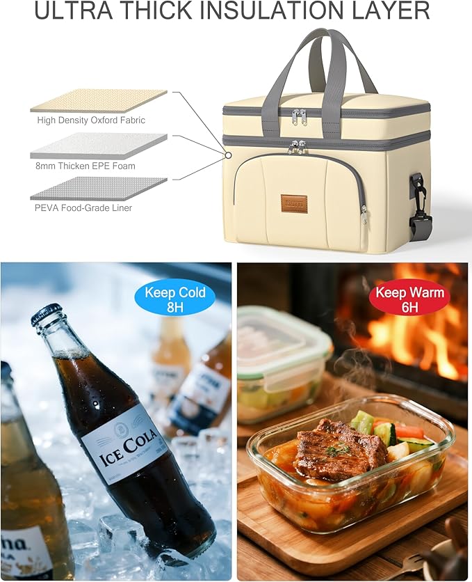 Rnivvi Lunch Box for Women, Double Decker Insulated Cooler Bag Lunch Bag Reusable Leakproof Tote Lunch Container with Strap for Work Family Picnic Hiking Camping, 18 Cans 12L, Large Adults, Beige