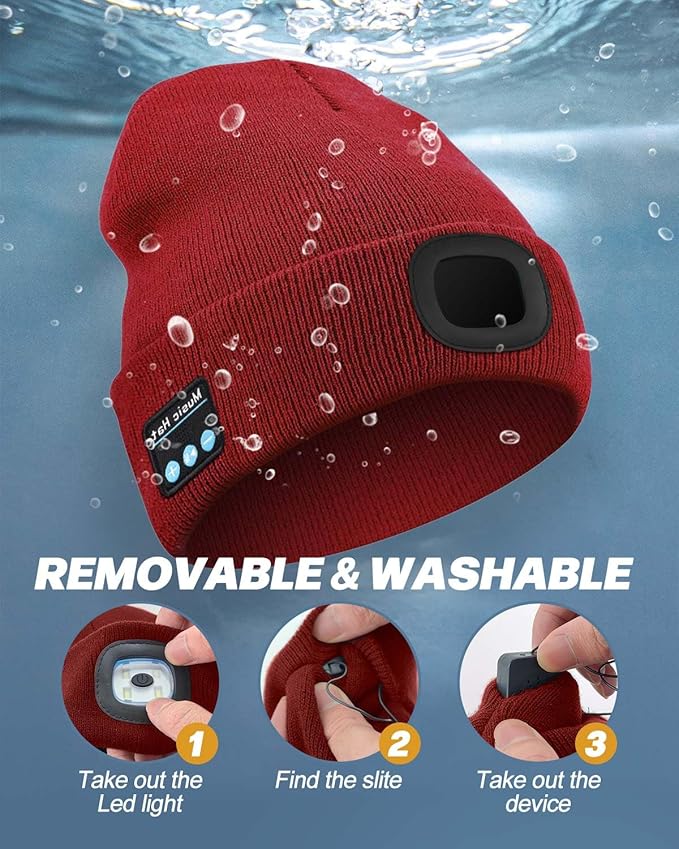 Bluetooth Beanie with Light, USB Rechargeable LED Headlamp Winter Hat, Men Women Valentine's Day Gifts