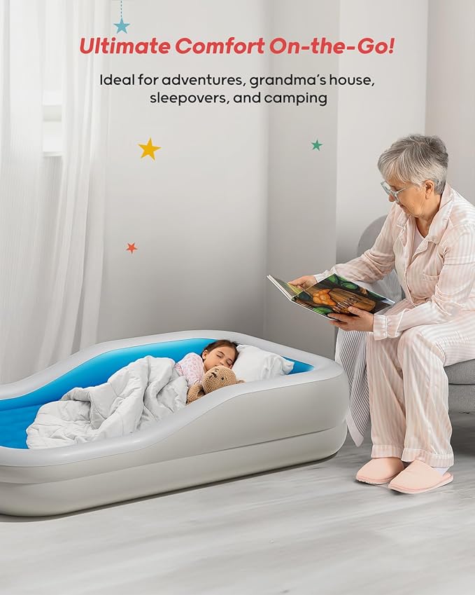 QPAU Inflatable Toddler Travel Bed with 3-Sided Safety Bumpers, Extra Large Kids Air Mattress, Includes Detachable Mattress, Portable for Camping, Travel, Home Use (Blue)