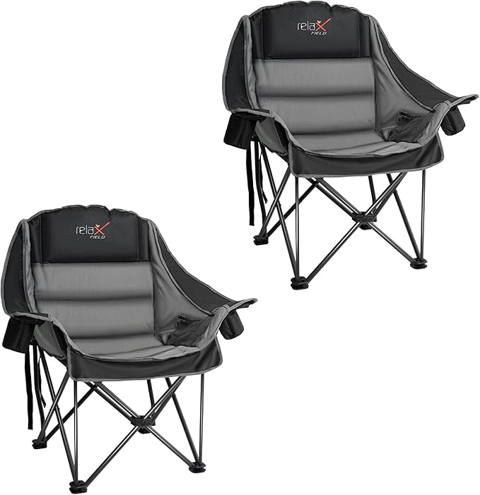 2 Pack Oversized Camping Chair, Portable Folding Padded Camp Chairs with Side Pocket, Cup Holder, Heavy Duty Support 500LBS Outdoor Lounge Chair for Adults, Fishing, Sports, Trip, Black