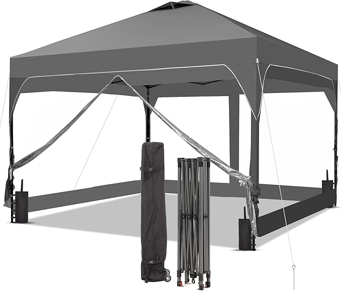 GDY 12x12 FT Pop Up Canopy Tent with One Push Setup,Setup Gazebo with 4 PVC Transparent Sidewalls,Easy Carry for Events, Parties, Camping,Grey.