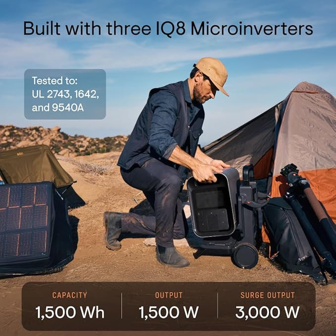 Enphase IQ PowerPack 1500 Advanced Portable Power Station with 200W Solar Panel and Cart, Generator with microinverter technology for home backup, camping, RVs