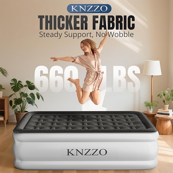 Full Air Mattress with Built-in Pump, 18" Top Inflatable Mattress with Waterproof Flocking Fabric, Three-Minute Quick-Inflatable Bed. Portable Blow Up Mattress for Home, Outdoor and Guests