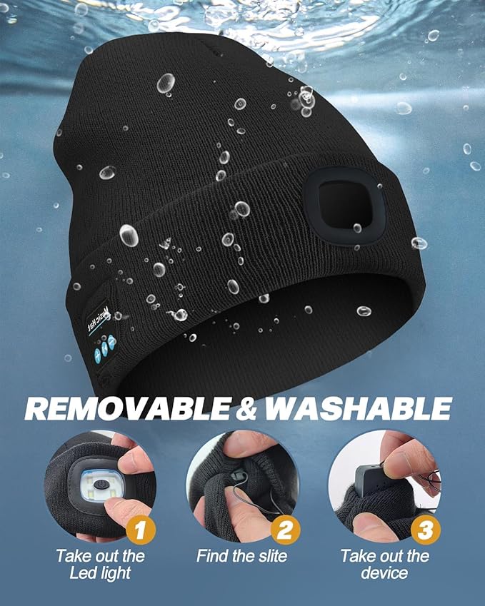 Bluetooth Beanie with Light, USB Rechargeable LED Headlamp Winter Hat, Men Women Valentine's Day Gifts
