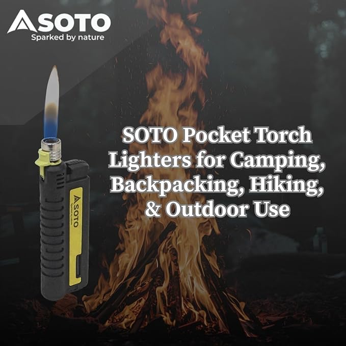 SOTO Pocket Torch Lighters for Camping - Extended Refillable Torch Lighter, Telescoping Burner Head, Electronic Ignition, Strong Wind-Resistant Butane Lighter for Candles, Grill, BBQ - Shipped Empty